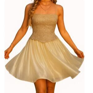 Carmen Marc Valvo Gold Embroidered Corset Fit Flare Holiday Glam Cocktail Dress